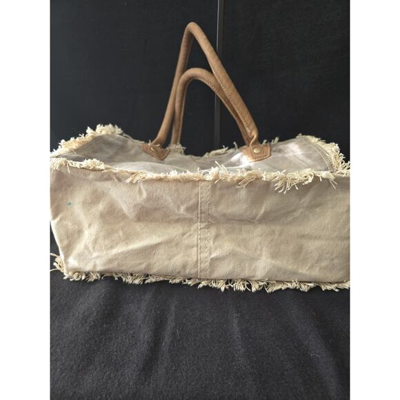 Myra Bags Upcycled Canvas Handbag Sel De Mer Beige Tote Nordstrom 13x10 Fringe - Picture 4 of 7